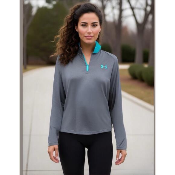 Under Armour Tops - Under Armour Long Sleeve Quarter Zip Loose Heat Gear Top Gray Aqua Size Medium